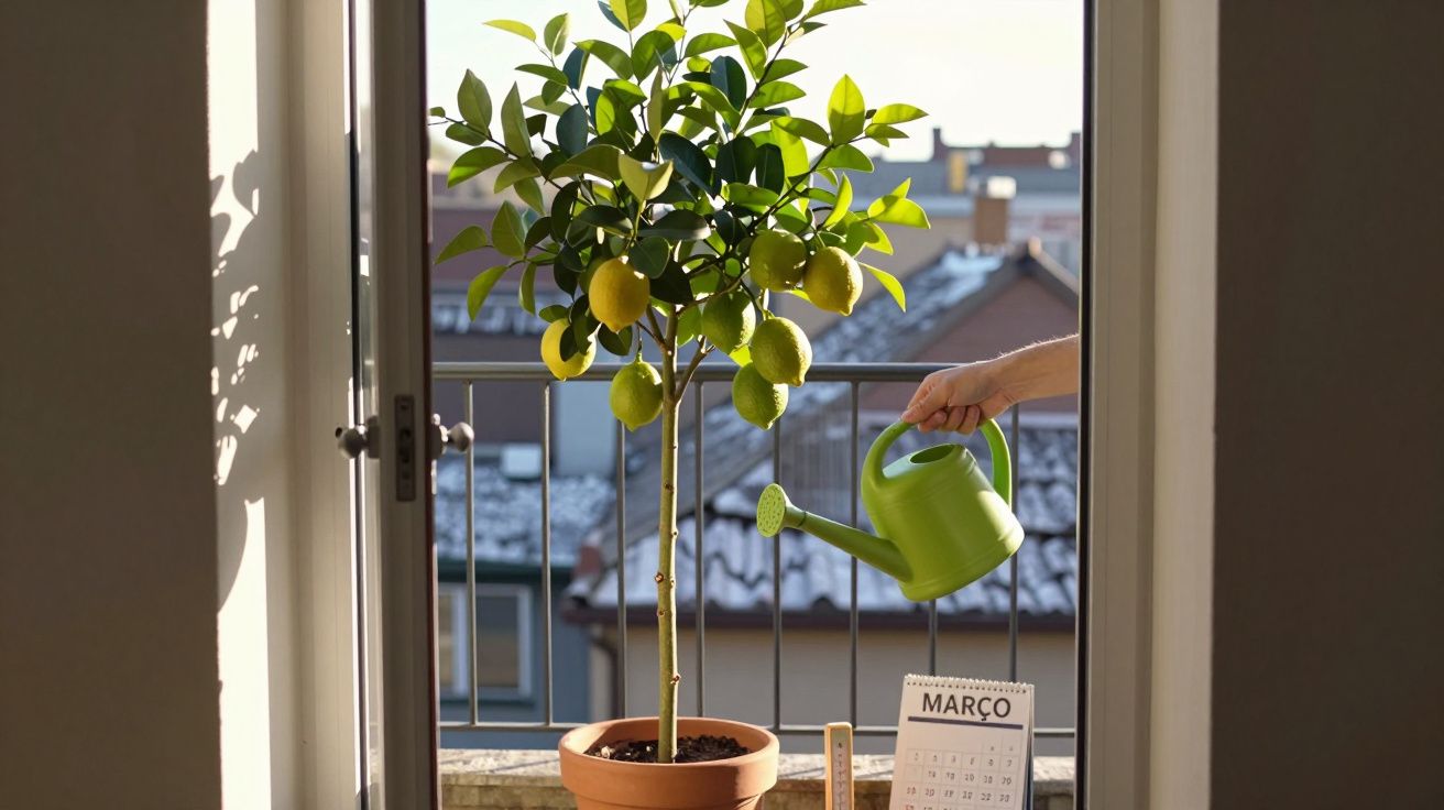 Pessoa rega uma árvore de limão em vaso num varandim com casas ao fundo e calendário de março.