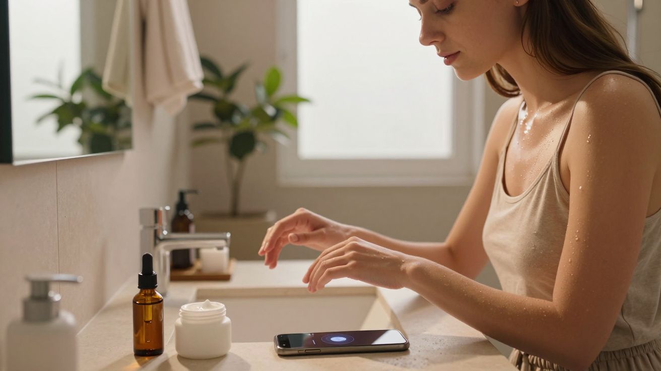 Mulher molhada a usar assistente de voz num telemóvel apoiado numa bancada de casa de banho.