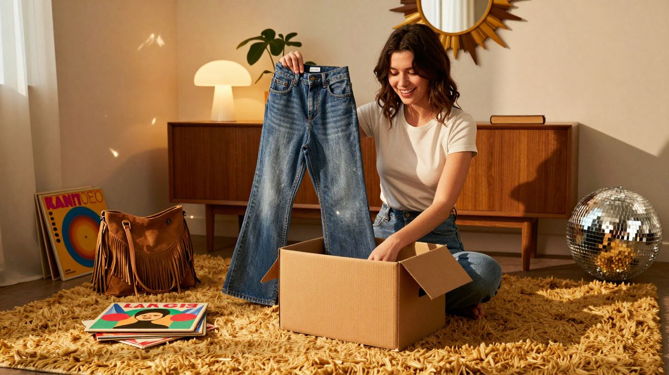 Mulher sentada em chão com tapete castanho claro segura calças de ganga azul retas que tira de caixa de cartão.