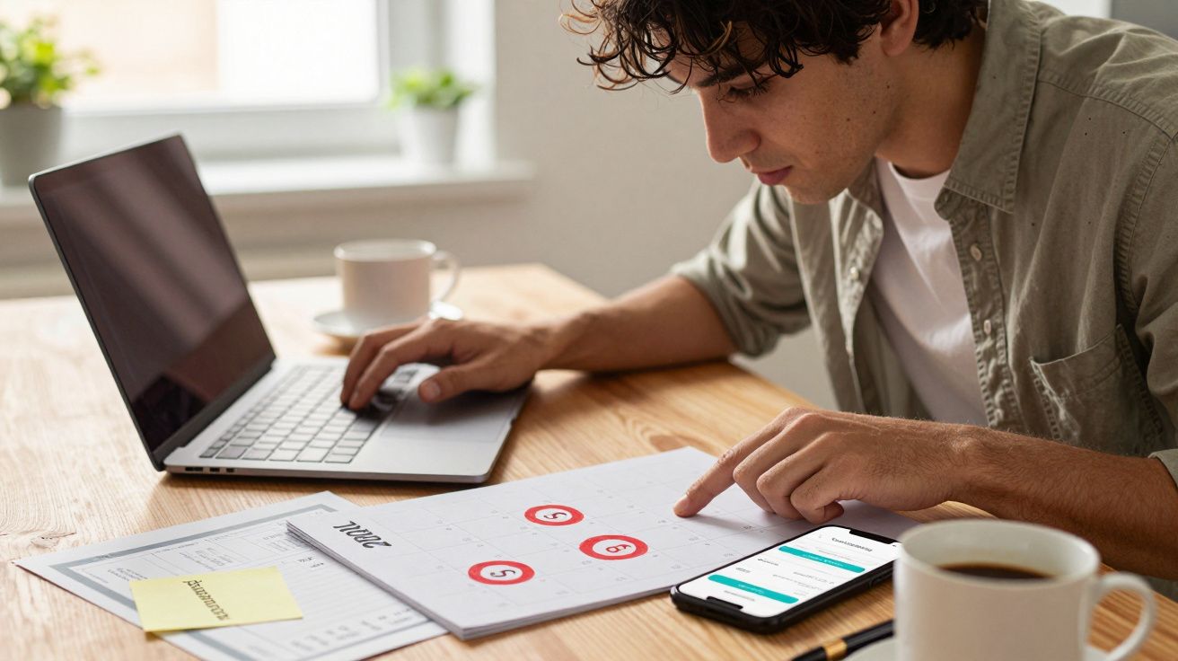 Homem a planear agenda mensal com calendário, computador portátil, telemóvel e café numa mesa de madeira.