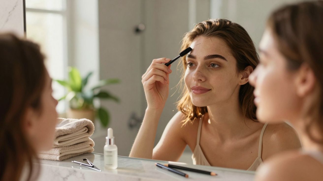 Mulher a pentear as sobrancelhas com escova enquanto se olha ao espelho numa casa de banho.