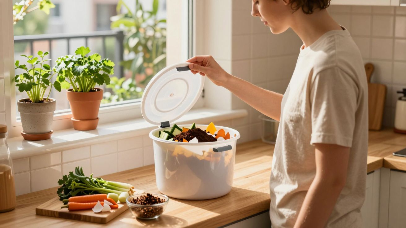 Pessoa a colocar restos de alimentos num balde de compostagem numa cozinha luminosa.