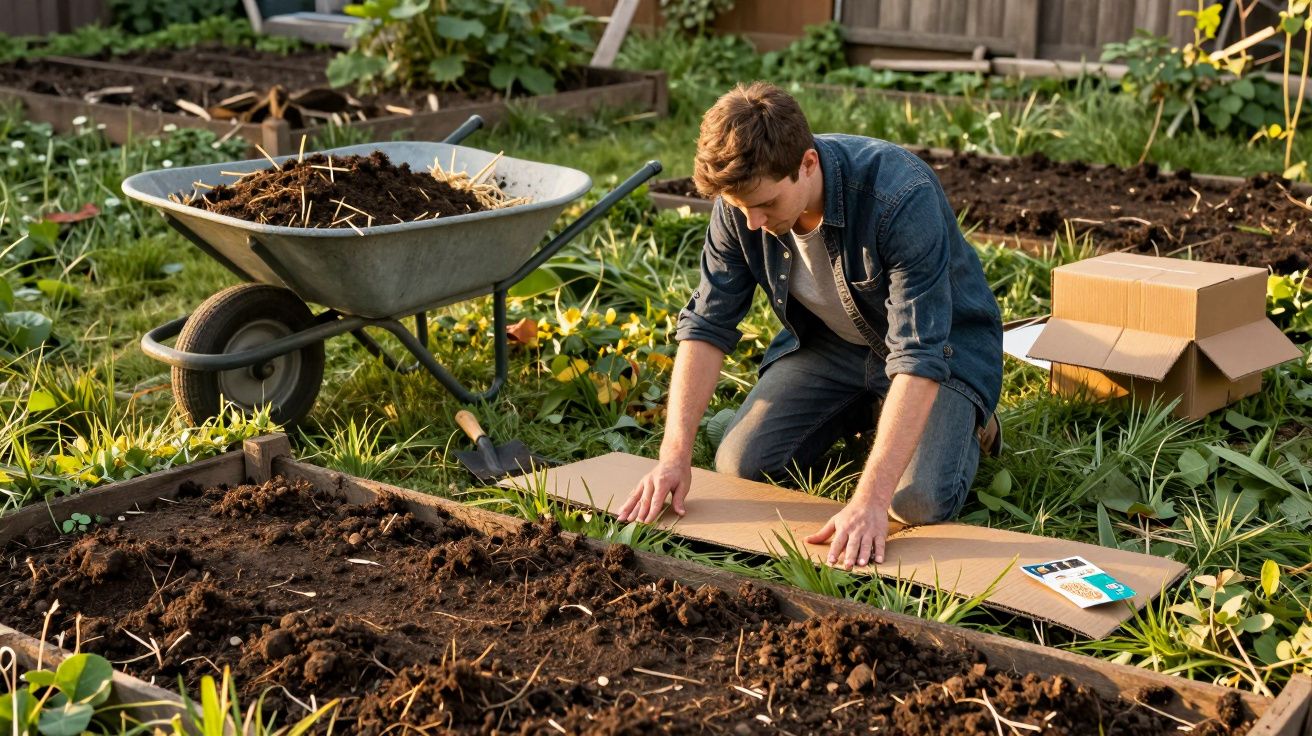 Homem a preparar terreno no jardim com terra e ferramentas numa área de cultivo com canteiros.