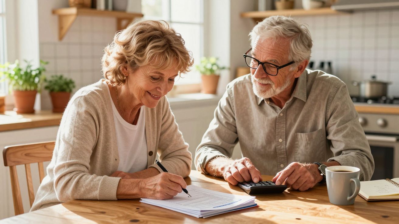 Casal sénior sentado à mesa a analisar documentos e usar calculadora numa cozinha luminosa e acolhedora.