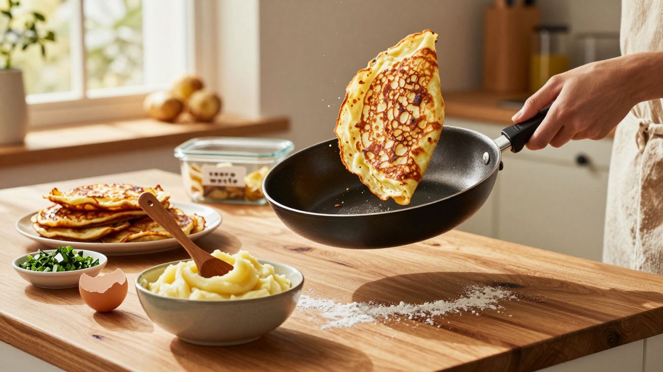 Pessoa a cozinhar panquecas numa frigideira, com puré e ingredientes sobre a bancada de madeira.