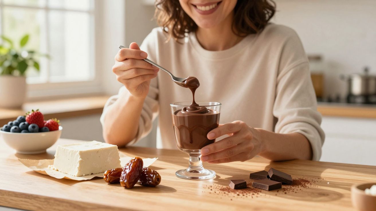 Mulher sorridente a comer mousse de chocolate com fruta, tâmaras e chocolate numa cozinha iluminada.