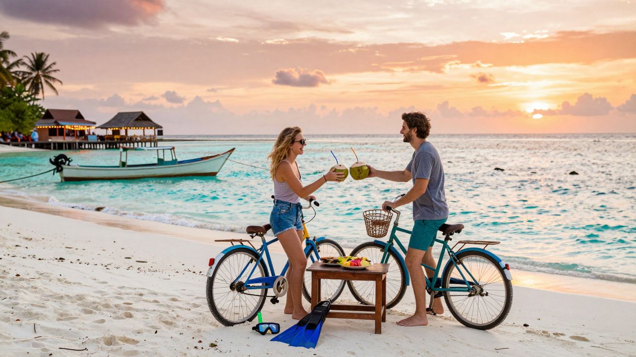 Casal na praia com bicicletas a brindar com cocos ao pôr do sol perto do mar e barco ancorado.