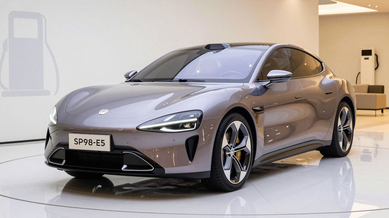 Carro elétrico cinza moderno estacionado num interior luminoso com carregador ao fundo.