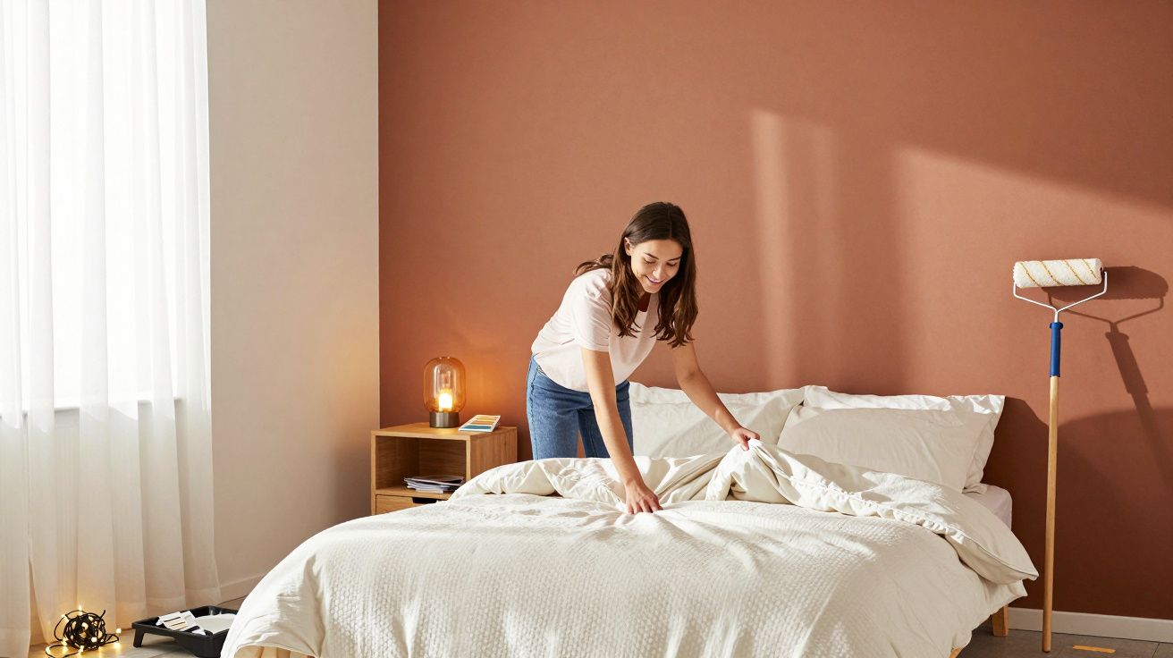 Mulher a arrumar a cama num quarto com parede castanha e janela com cortinas brancas.