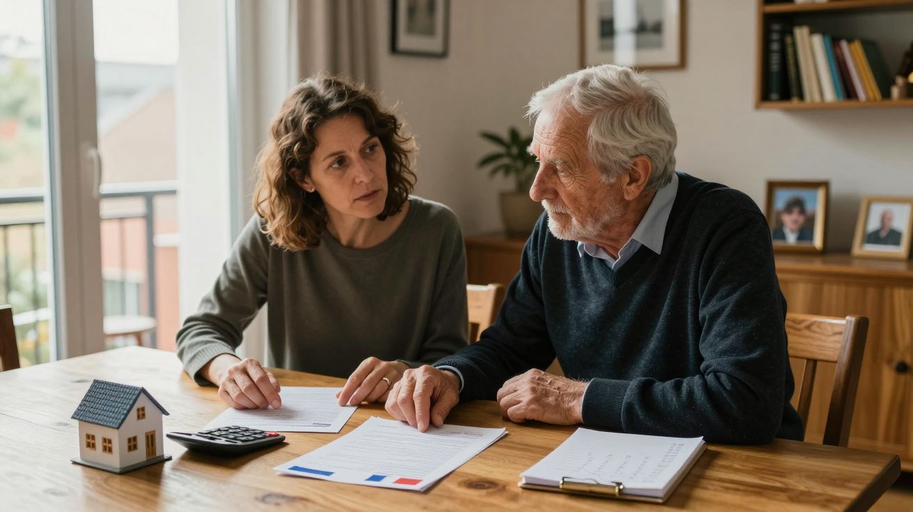 Mulher jovem ajuda homem idoso a analisar documentos financeiros à mesa em casa.