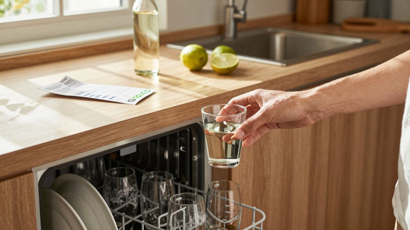 Mão a retirar copo de vidro limpo de máquina de lavar loiça numa cozinha com bancada de madeira e limões.