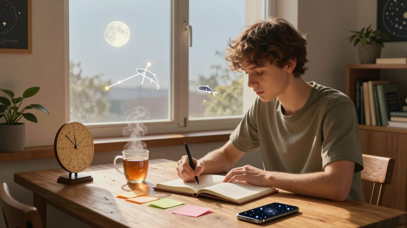 Jovem a escrever num caderno, sentado à mesa com chá quente, relógio, notas e telefone com ecrã estrelado.