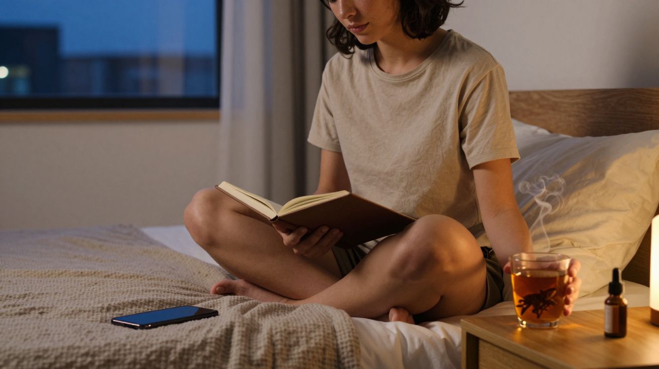 Mulher sentada na cama a ler um livro, segurando chá quente, com telemóvel e frasco na mesa ao lado.