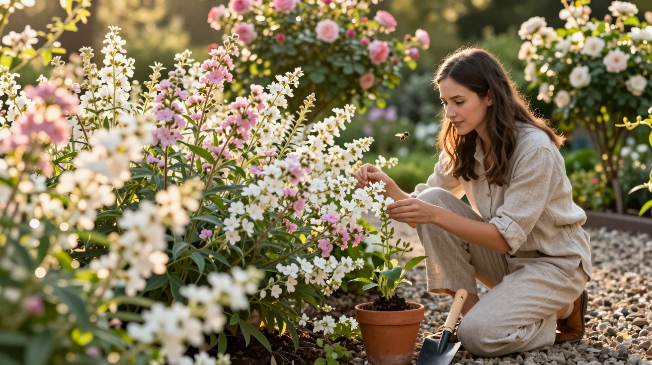 Mulher a cuidar de planta em vaso entre flores rosas e brancas num jardim com luz natural.