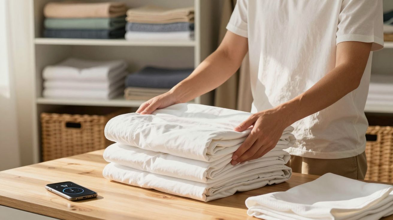 Pessoa a dobrar roupas brancas sobre uma mesa de madeira numa divisão organizada e iluminada.