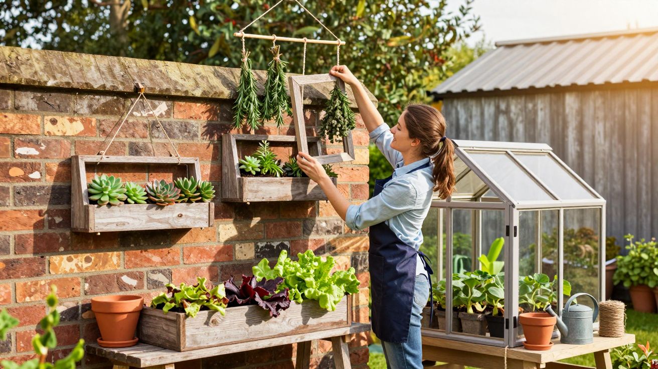 Mulher a cuidar de plantas suculentas e ervas aromáticas num jardim junto a uma estufa pequena.