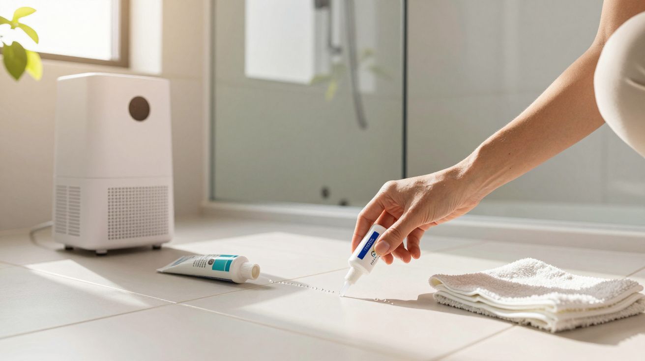Mão a aplicar cola branca em ladrilhos do chão com um pano dobrado e desumidificador ao fundo.