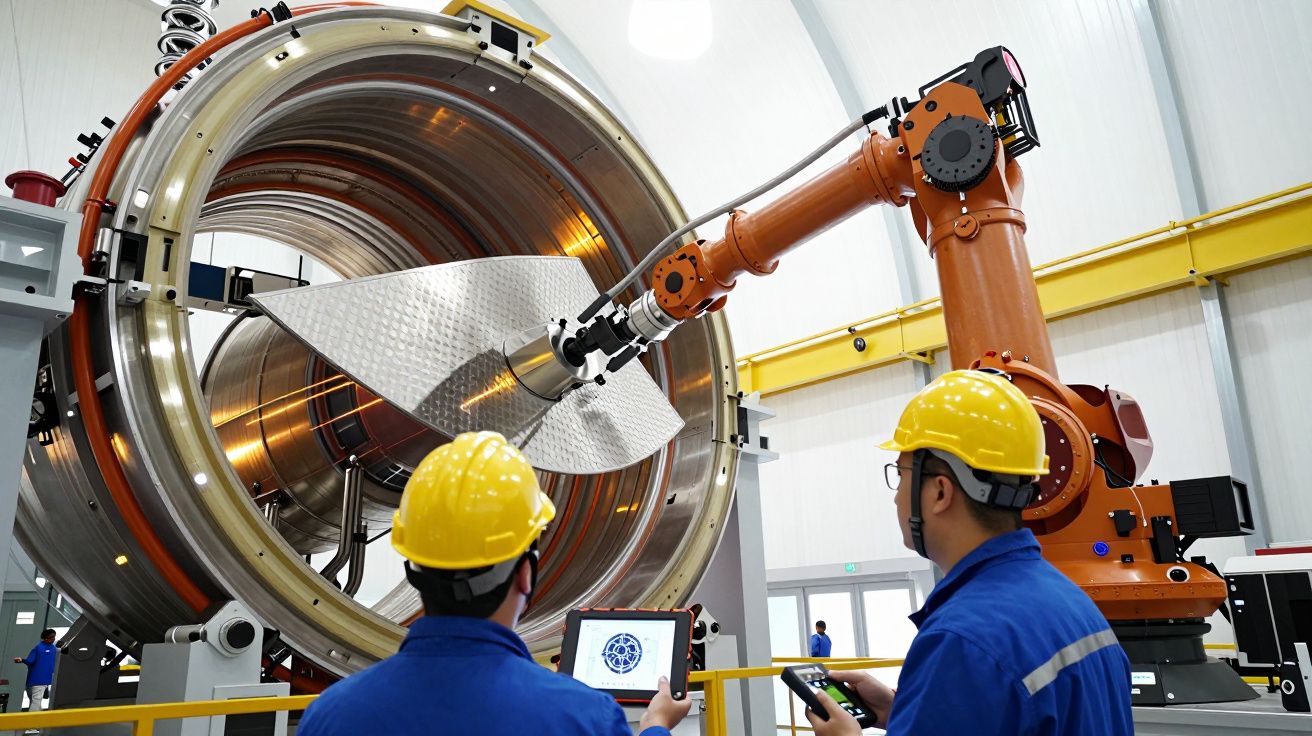 Dois técnicos com capacetes amarelos operam maquinaria robótica numa instalação industrial moderna.