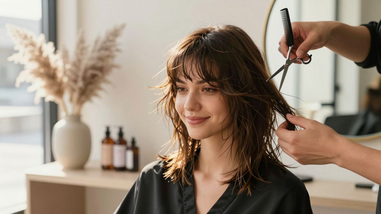 Mulher sorridente a cortar o cabelo num salão moderno com luz natural e decoração minimalista.
