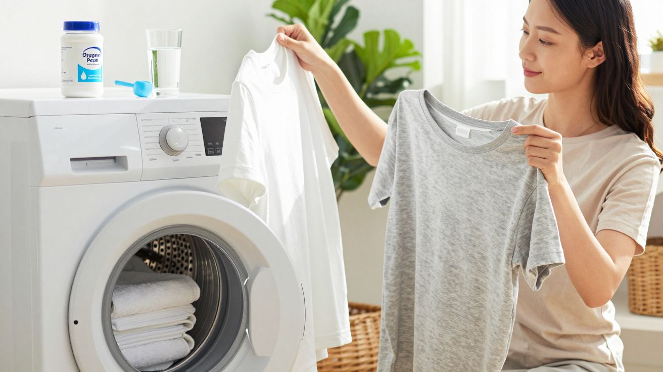 Mulher a segurar t-shirts secas junto a máquina de lavar roupa numa divisão bem iluminada.