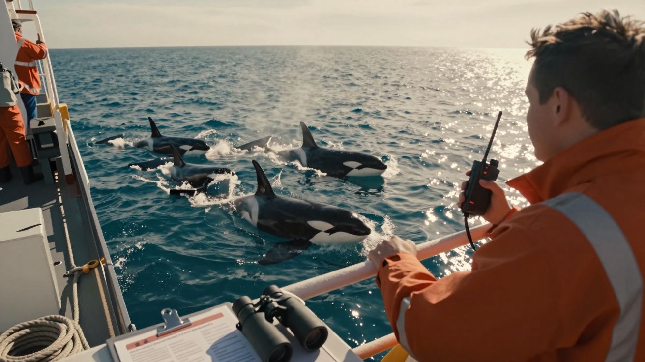 Biólogo a comunicar por rádio em barco enquanto observa grupo de orcas a nadar no mar calmo.