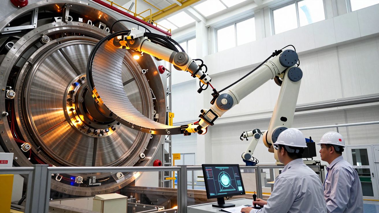 Dois técnicos com capacetes brancos operam braçadeiras robóticas numa instalação industrial moderna.