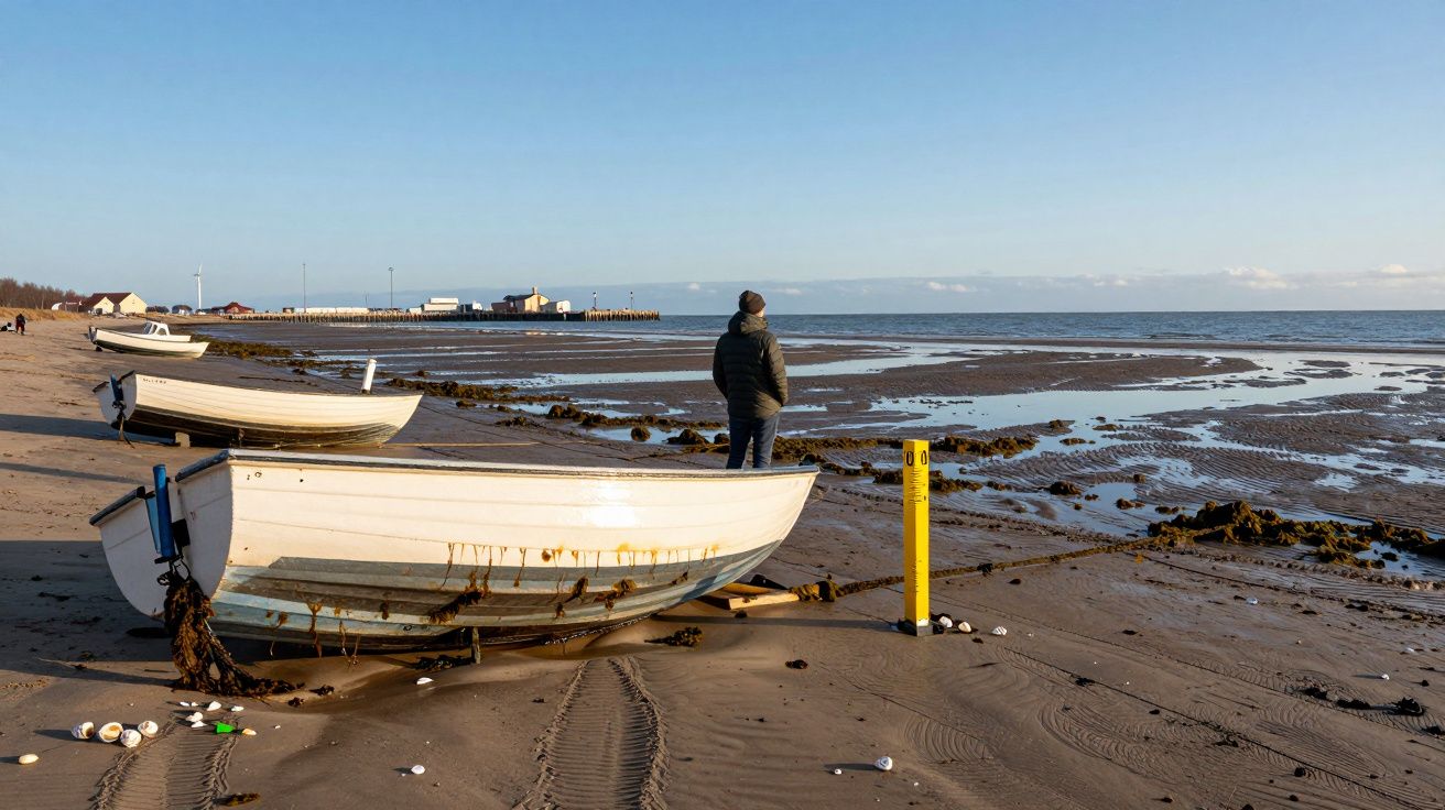 Praia com barcos de pesca na areia, mar baixo e pessoa a observar o horizonte ao pôr do sol.