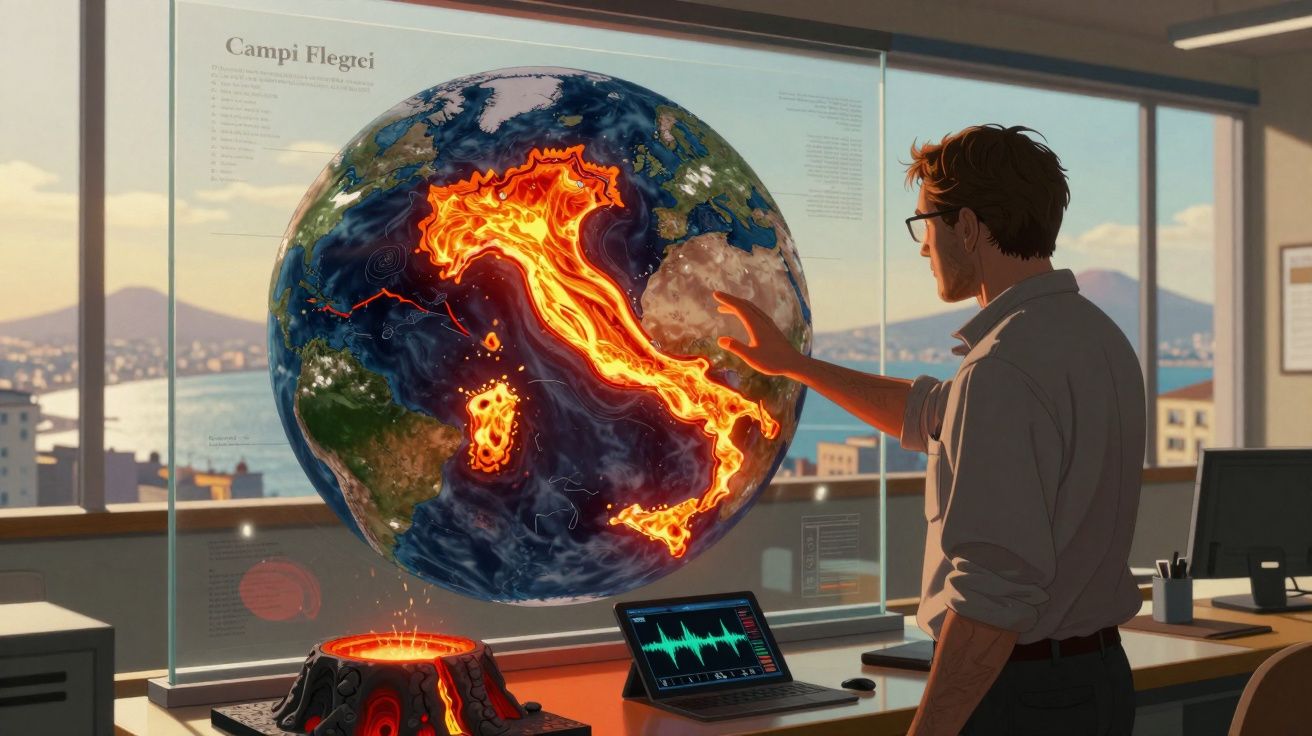 Homem observa modelo digital interativo da Terra com erupções vulcânicas na Itália numa sala de escritório moderna.