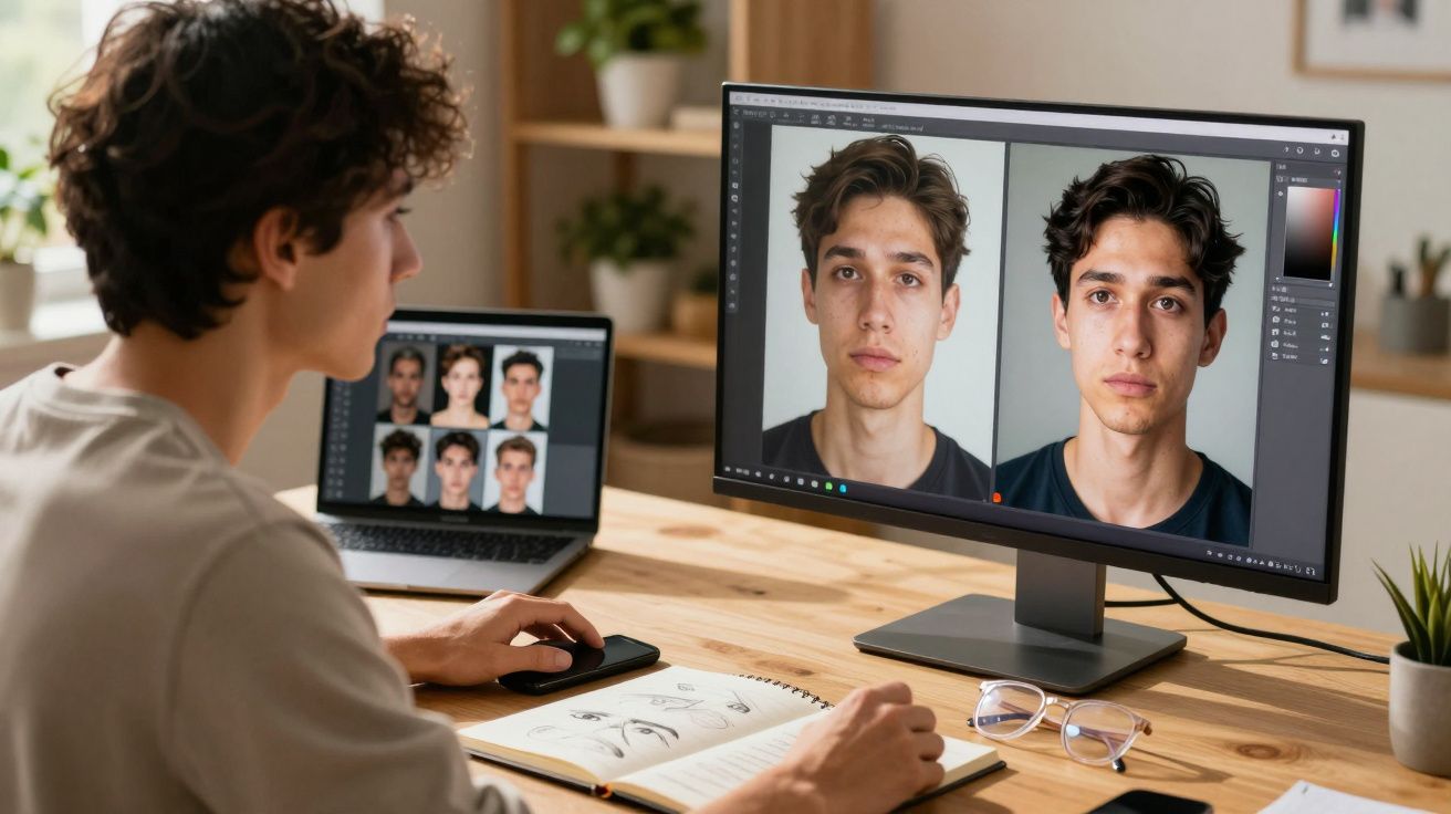 Pessoa editando fotografias de rosto num computador, com caderno de desenhos à frente numa secretária.