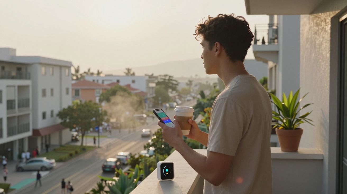 Jovem de pé na varanda ao pôr do sol, segurando café e telemóvel, com vista para avenida urbana movimentada.