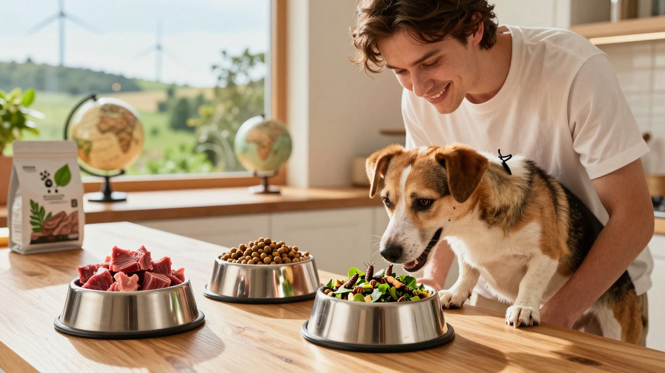 Jovem com cão olhar para três tigelas com diferentes tipos de alimentos sobre mesa de madeira.
