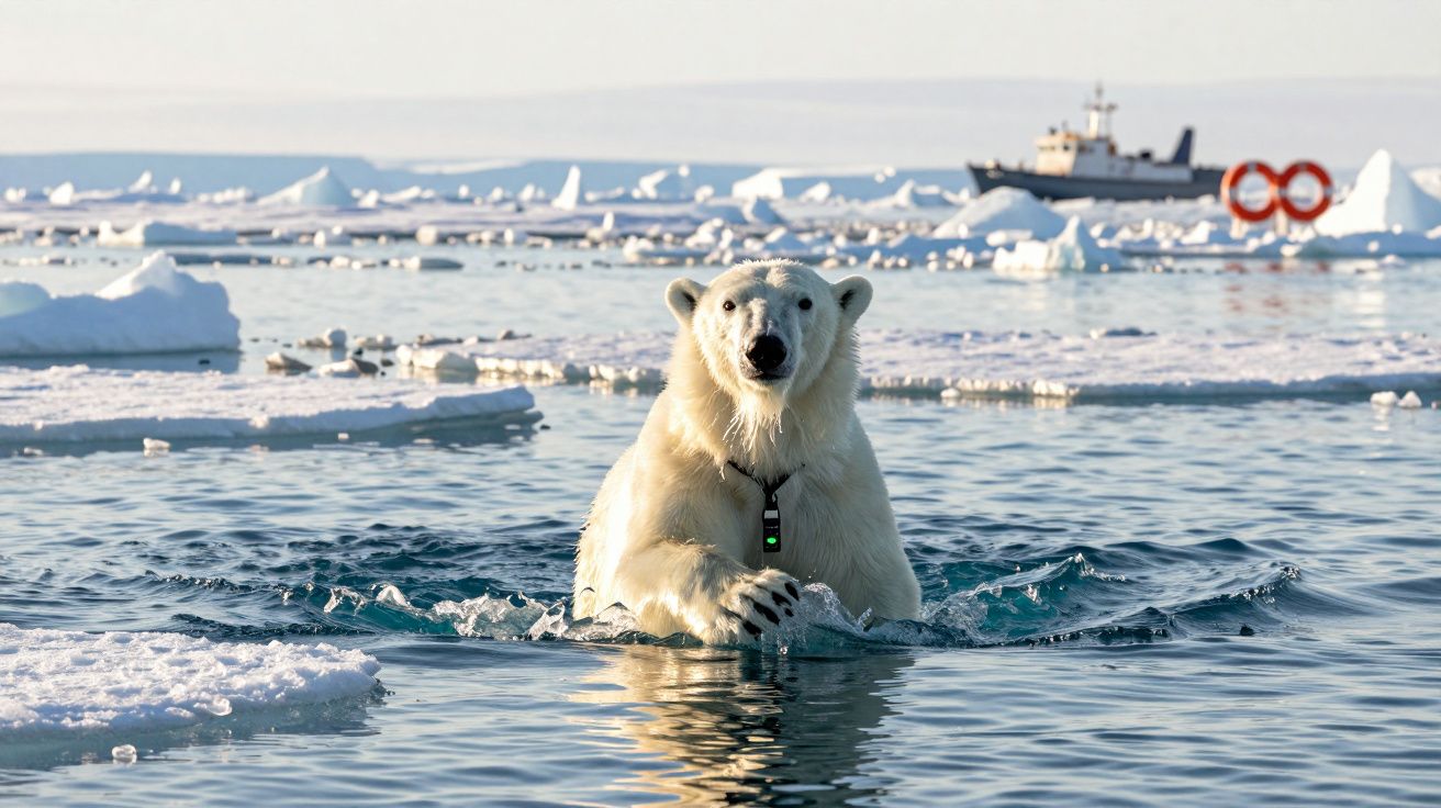 Urso polar a nadar num mar gelado com blocos de gelo e um barco ao fundo.