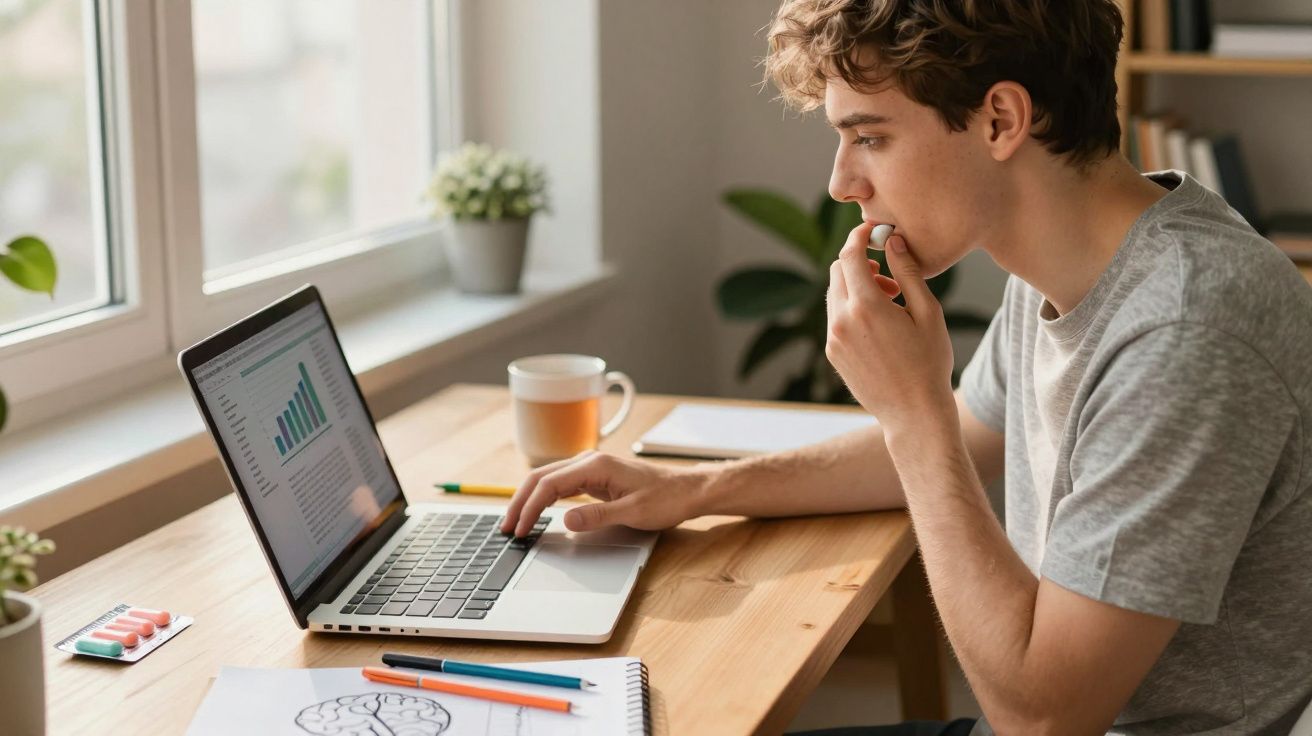 Jovem a trabalhar num computador portátil numa secretária com gráficos e desenhos à sua frente numa sala iluminada.