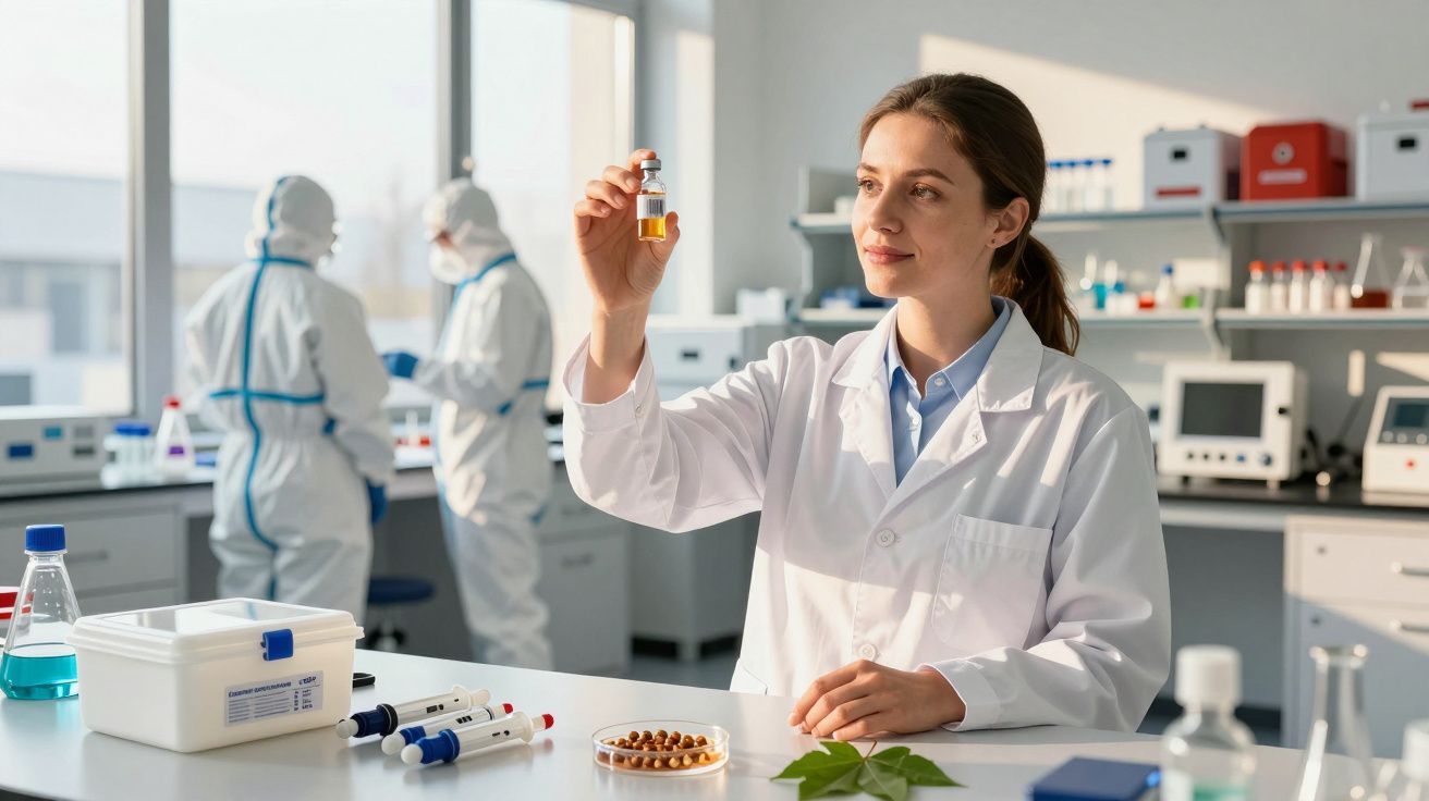 Cientista mulher em bata branca examina um frasco com líquido amarelo num laboratório científico moderno.
