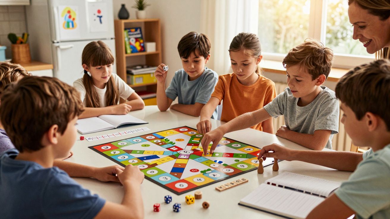 Crianças sentadas à volta de uma mesa a jogar jogo de tabuleiro num ambiente acolhedor e iluminado.