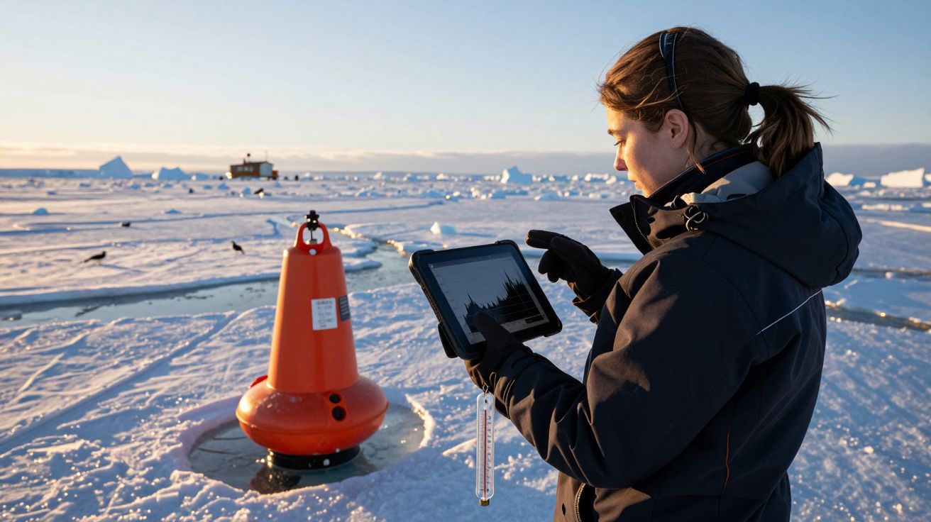 Mulher a usar tablet para analisar dados perto de bóia laranja no gelo em ambiente polar.