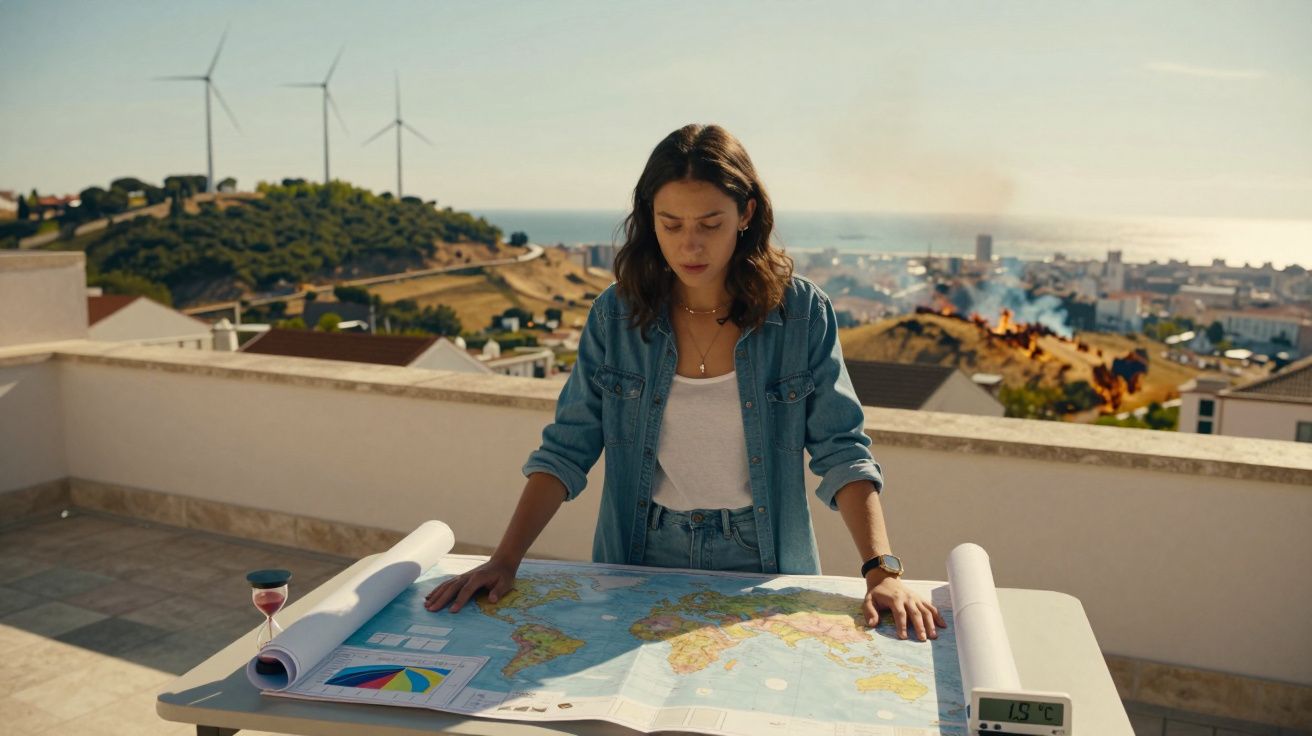 Mulher jovem consultando um mapa numa varanda, com colina, turbinas eólico e incêndio ao fundo.