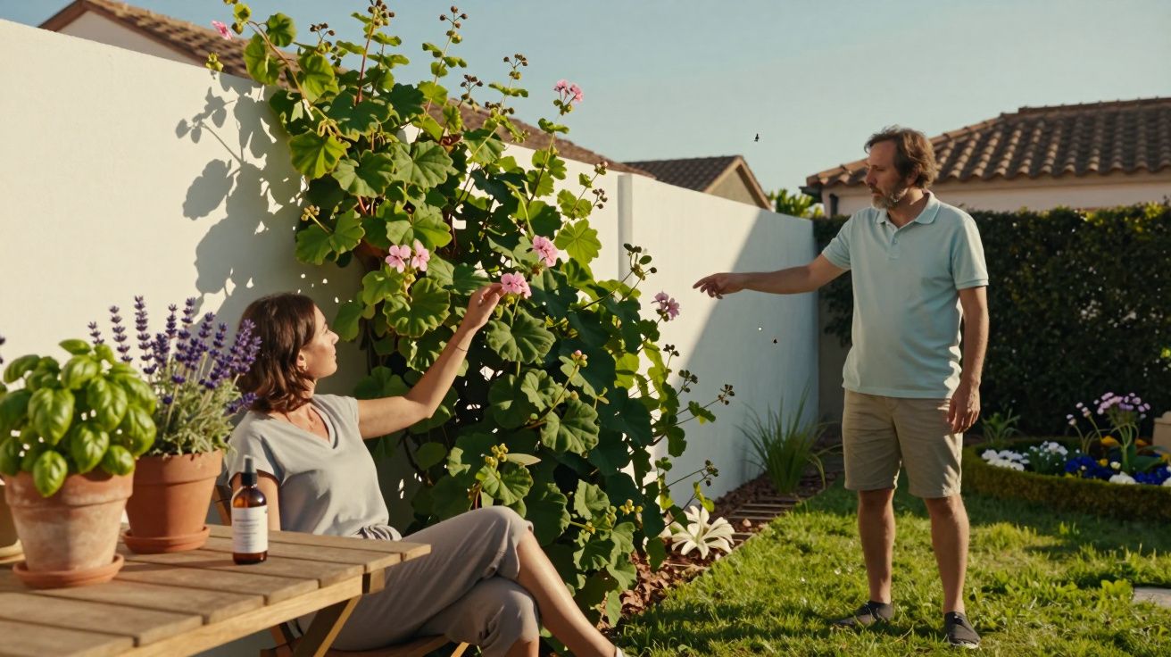 Mulher sentada no jardim apanha flor enquanto homem aponta algo no ar perto de muro branco.