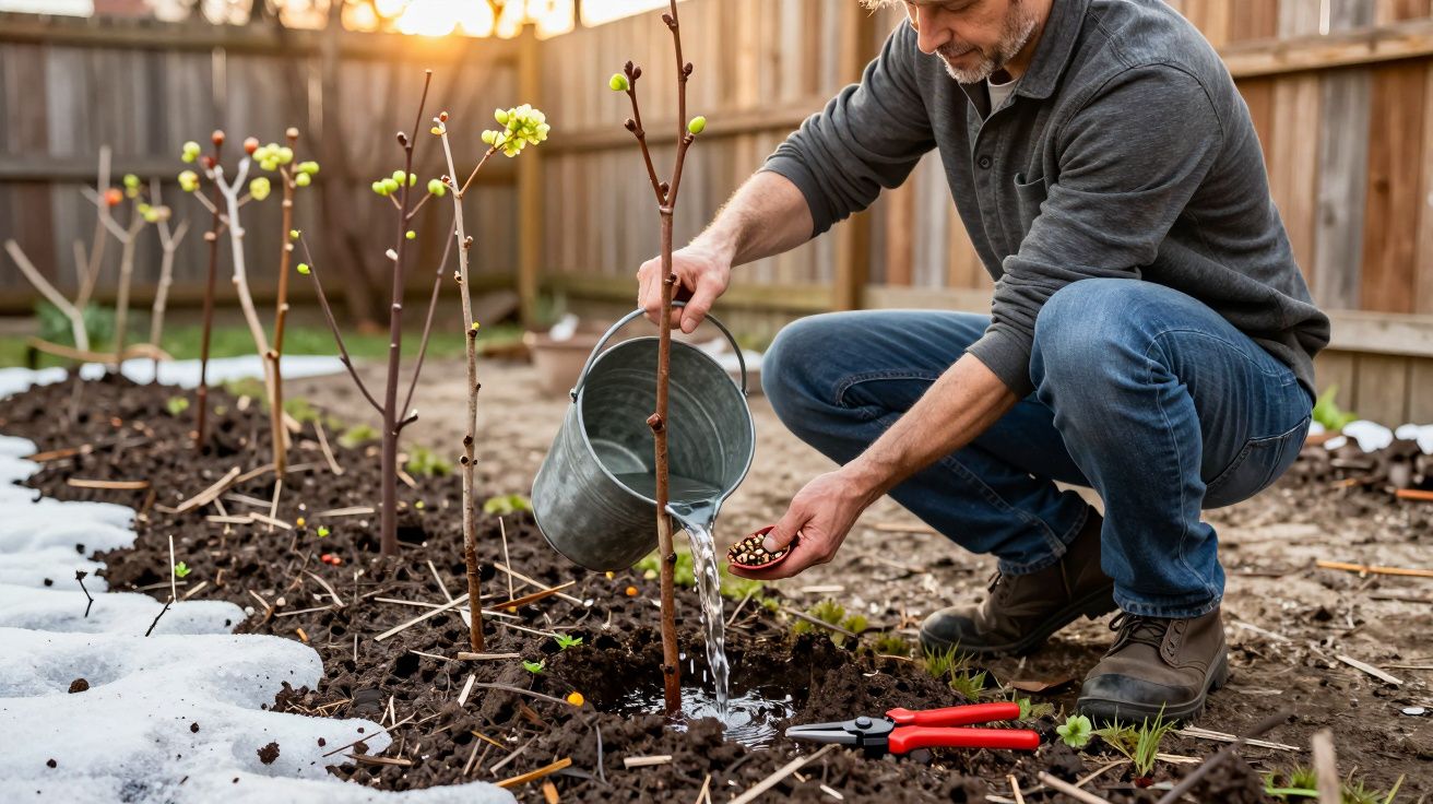 Homem a regar uma árvore jovem num jardim com terra e neve à volta.
