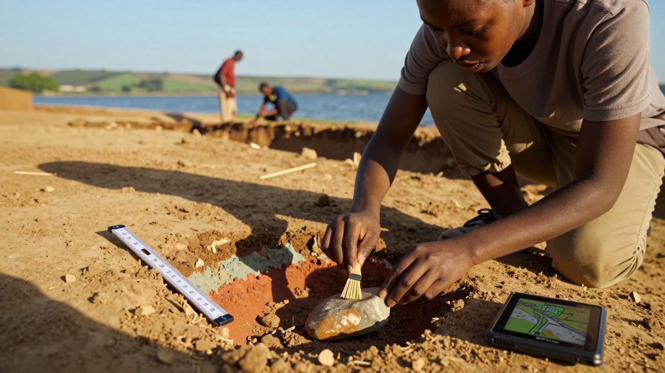 Pessoa a escavar cuidadosamente um fóssil num sítio arqueológico junto à água, com ferramentas e tablet.