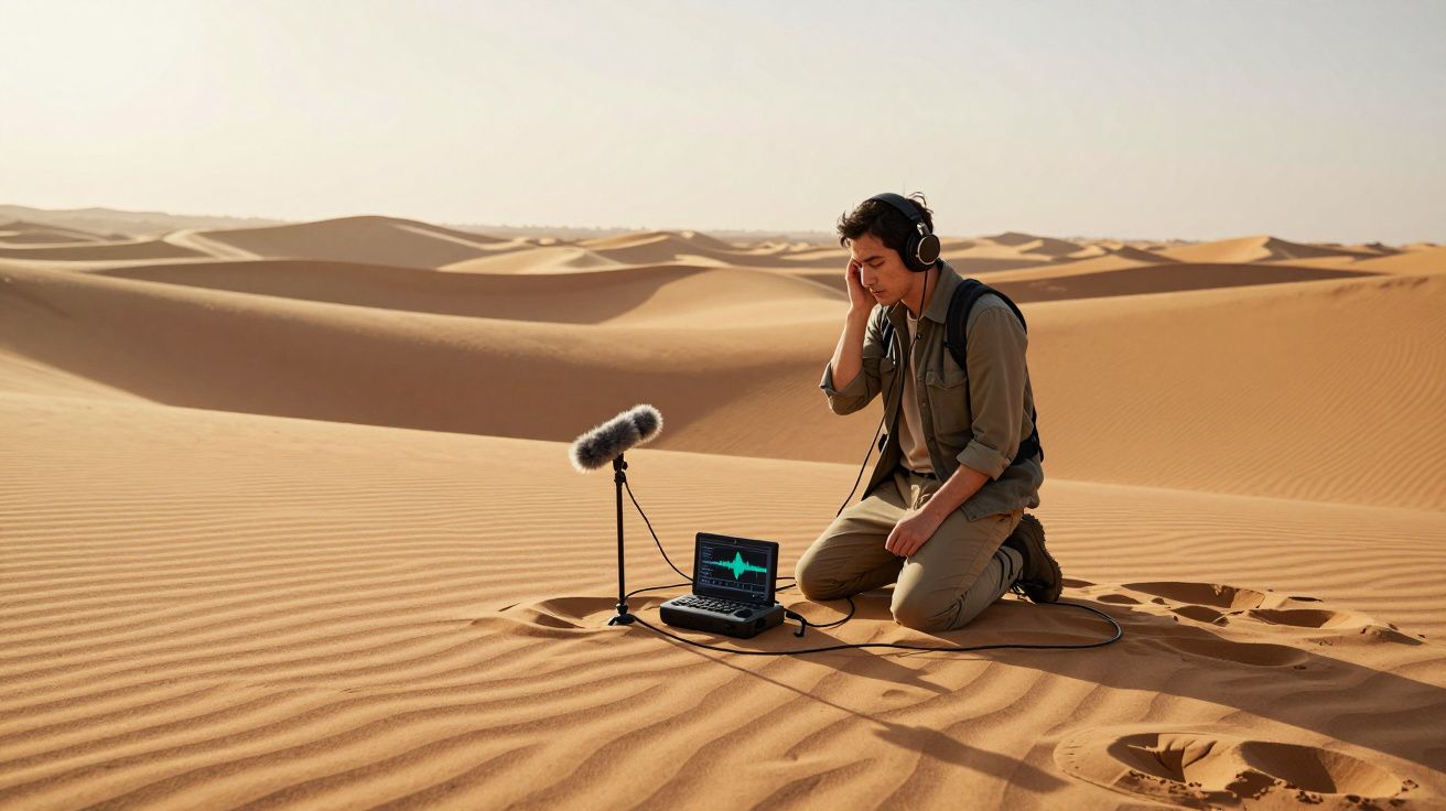 Homem com auscultadores grava sons no deserto com microfone e equipamento portátil sobre a areia.