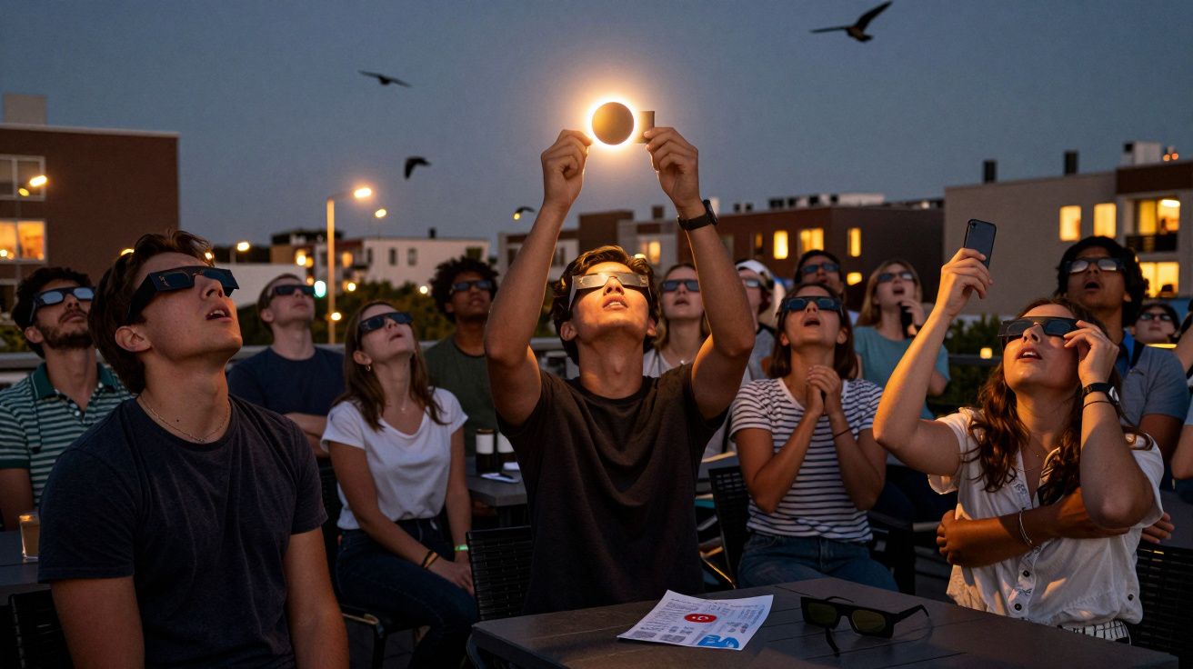 Grupo de pessoas com óculos escuros observando eclipse solar ao anoitecer numa esplanada urbana.