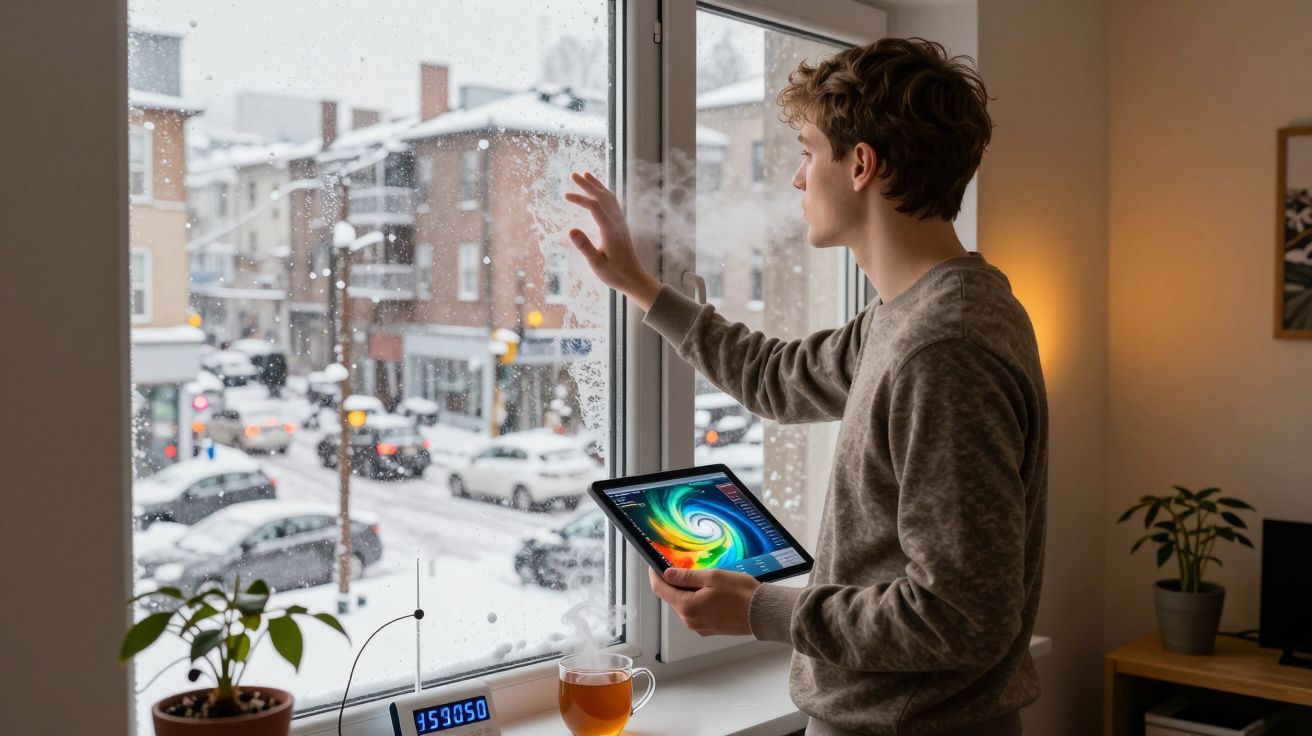 Jovem com tablet observa a neve caindo na janela de casa, com chá e plantas na mesa junto ao vidro.