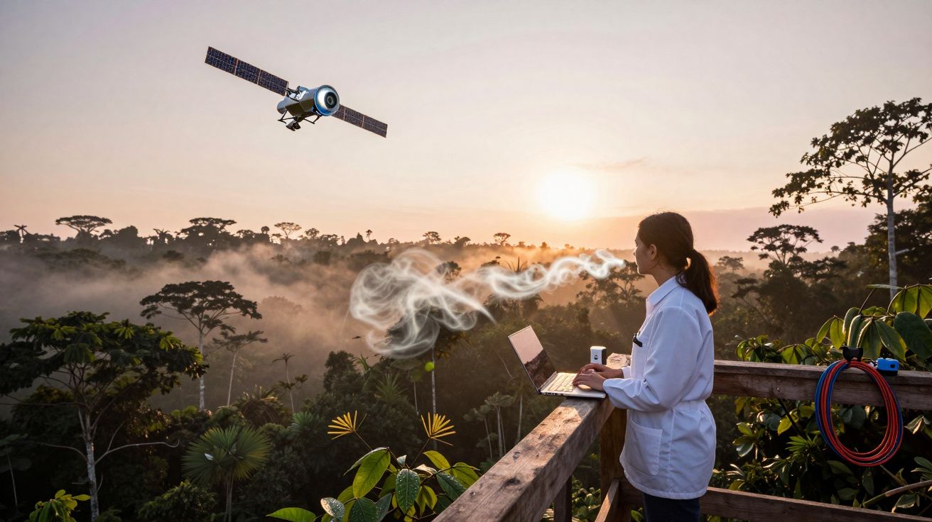 Cientista com portátil numa varanda observa satélite ao pôr do sol sobre floresta tropical nevoenta.