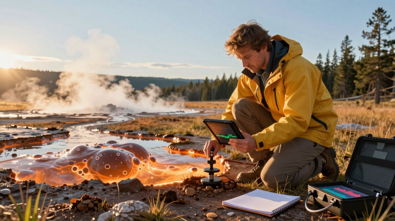 Cientista em casaco amarelo analisa atividade geotérmica junto a uma fumarola em área natural com equipamento técnico.