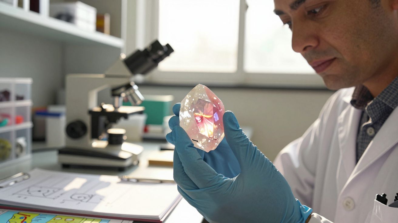 Cientista de bata branca analisa cristal grande e transparente com luvas azuis num laboratório.