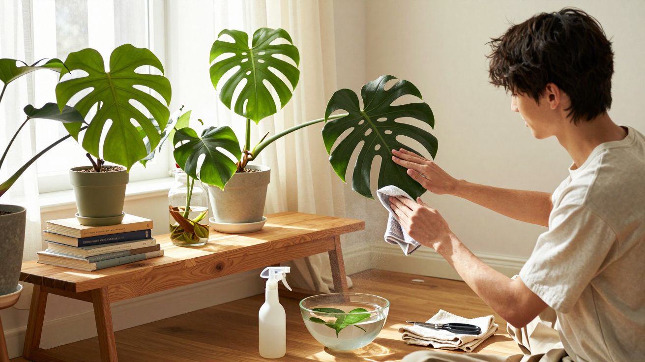 Pessoa a limpar folhas de planta monstera numa sala com luz natural e móveis de madeira simples.