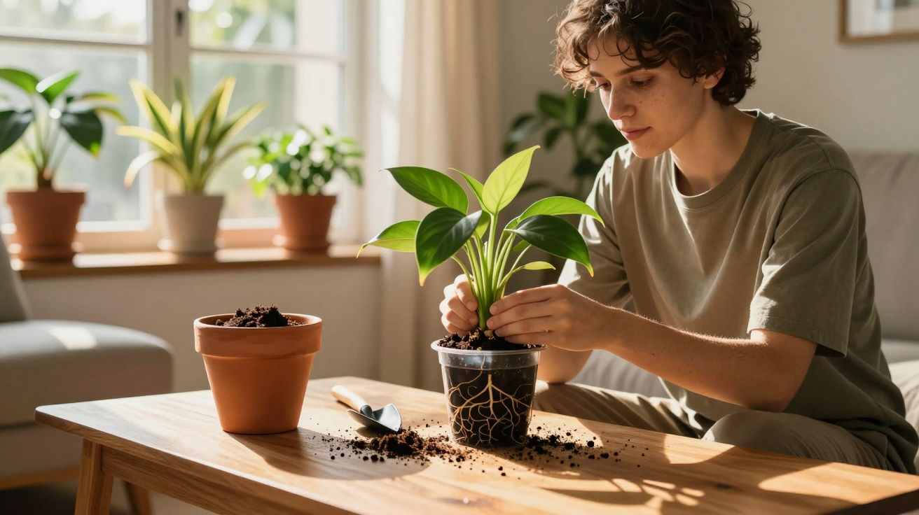 Pessoa jovem transplantando planta para vaso com terra numa sala iluminada por luz natural.