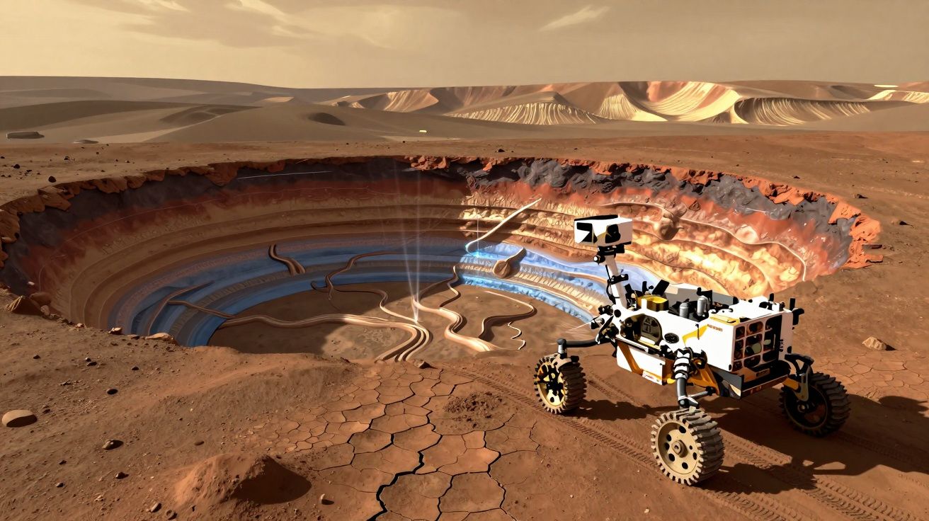 Rover explorando uma cratera colorida em terreno árido e desértico sob céu alaranjado.