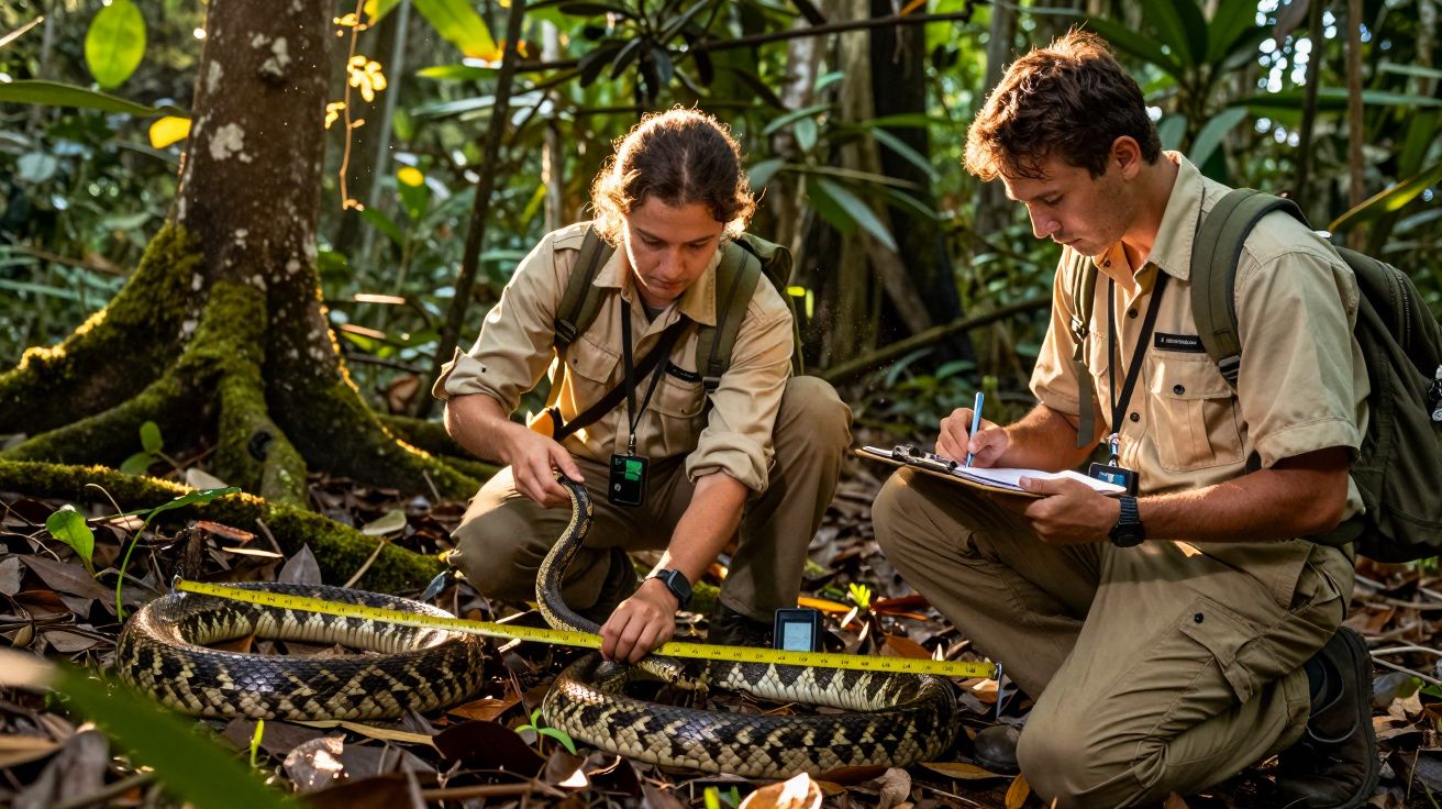 Dois biólogos medem e anotam dados de uma grande cobra enrolada no solo de uma floresta.